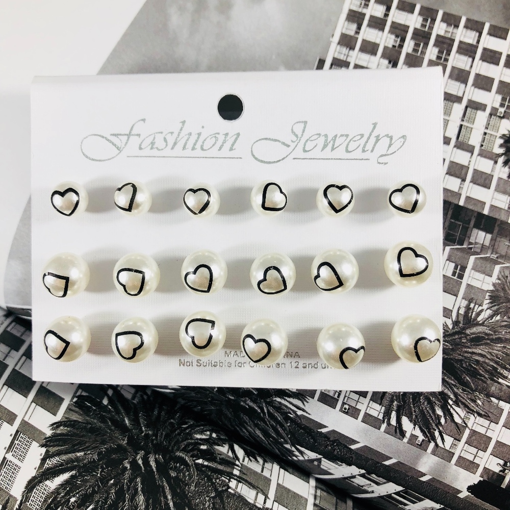 Womens Pearl Earrings 9pair set Heart